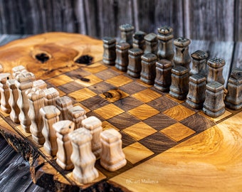 Olive Wood Chess Board, Unique Olive Wood Rustic Chess Set, Chess Handmade Vintage, Chess board and pieces, Vintage Chess Live Edge gift
