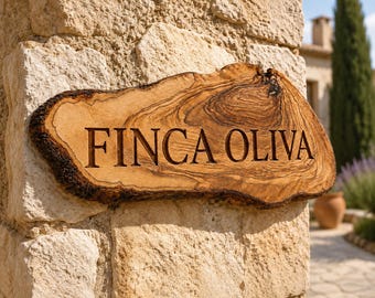 Personalized Olive Wood House Sign, Custom Finca Name Plaque, Rustic Villa Sign