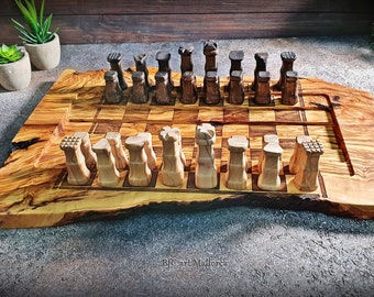 Handmade Olive Wood Chess Board: Rustic Live Edge Design