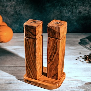 Handmade Olive Wood Salt and Pepper Mill Set with Matching Base - Rustic Kitchen Spice Grinder Set - Elegant Olive Wood Kitchen Decor.