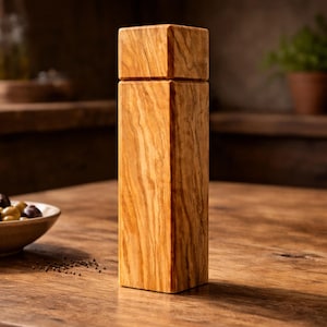 Puede incluir: Un molinillo de pimienta de madera, rectangular con la parte superior e inferior cuadradas. La veta de la madera es visible, mostrando un color marrón claro. El molinillo está sobre una mesa de madera, con un cuenco de aceitunas y una cocina al fondo.
