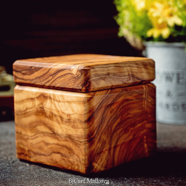 Square Olive Wood Salt Cellar with Magnetic Lid and Spoon