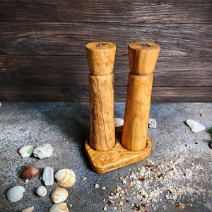 Handcrafted Olive Wood Salt & Pepper mill Set - Ceramic Grinders, Matching Base | Eco-Friendly Kitchen Gift, Rustic Elegance