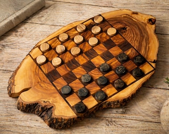 Rustic Olive Wood Checkers Set, Handmade Live Edge Board Game, Premium Wooden Gift, Unique Rustic Decor