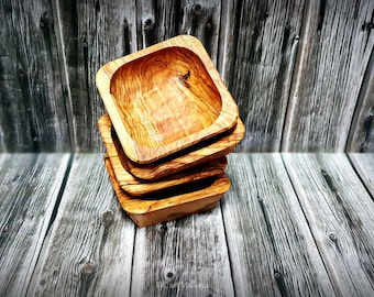 Square Bowl Olive Wood set 4, Square Fruit Bowl, Wood Tray snack, Square Plate Cheese, Cereals Bowl, Wedding Welcome Mom Anniversary Gift