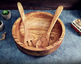 Handmade Olive Wood Salad Bowl and Servers, Large Wooden Fruit Bowl