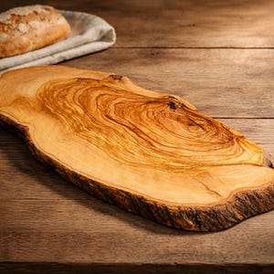 Rustic Olive Wood Cutting Board: Large Kitchen Board with Natural Bark Edge