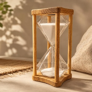 May include: A wooden hourglass with a clear, diamond-shaped glass center filled with white sand. The hourglass is encased in a light brown wooden frame. The design is simple and elegant, suitable for home decor or as a functional timer.