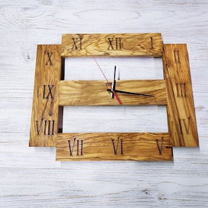 Olive Wood Wall Clock with Roman Numerals: Handmade Farmhouse Design