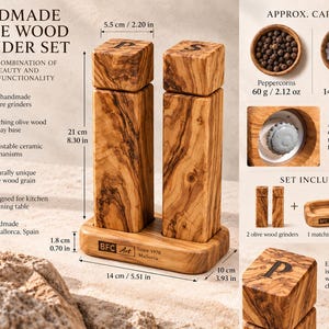 Set di macina sale e pepe in legno d'ulivo con supporto, macine quadrate fatte a mano, idea regalo per la cucina. immagine 6