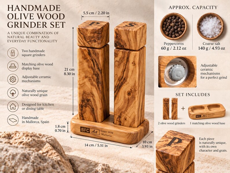 Set di macina sale e pepe in legno d'ulivo con supporto, macine quadrate fatte a mano, idea regalo per la cucina. immagine 6