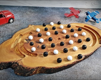 Marble Solitaire Game Board With 36 Glass Balls Handmade Olive Wood customizable, Vintage Classic Solitaire Board Game, Classic Board Game