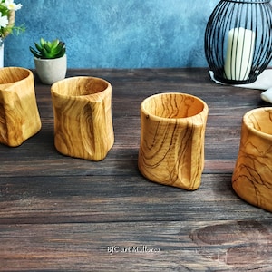 Set of 4 Handmade Olive Wood Cups With Handle, Wooden Cups for Coffees and Teas. Natural glasses for ecological water.