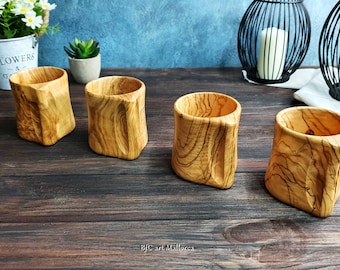 Juego de 4 tazas de madera de olivo con asa, hechas a mano, para café y té. Vasos naturales para agua ecológica.