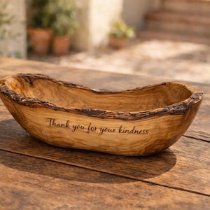 Personalized Olive Wood Bowl – Rustic Live Edge Wedding Gift – Engraved Housewarming Gift – Wooden Table Centerpiece