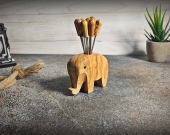 Olive Wood Elephant Skewer Holder: Appetizer Pick Set