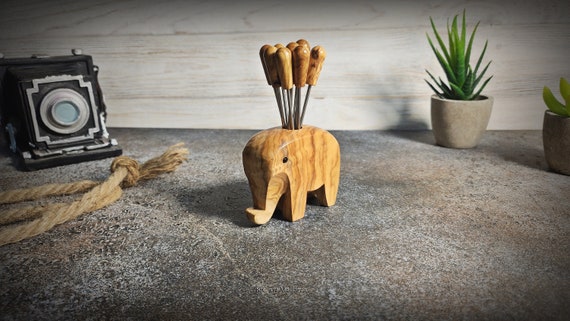Olive Wood Elephant Skewer Holder: Appetizer Pick Set