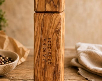 Personalized Olive Wood Pepper Mill, Engraved Salt or Spice Grinder, Rustic Kitchen Gift for Him, Handmade Cooking Gift