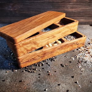 Olive wood salt shaker large with 6 compartments with a Lid, Salt Box with 3 plus 3 compartments stacked on top of each other to save space