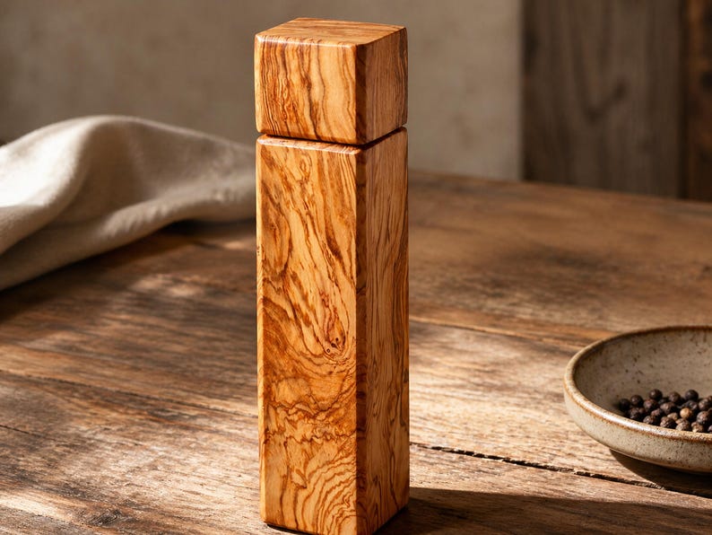 Op de afbeelding: Een rechthoekige houten pepermolen met een vierkante bovenkant en een natuurlijke houtnerf. De molen staat op een houten oppervlak, met een kleine kom met peperkorrels in de buurt. De algehele esthetiek is rustiek en elegant.