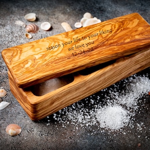 Salt cellar with lid Large customizable lid and 3 compartments of olive wood for salt, Wooden Salt and Pepper Box with lid and spoon