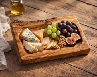 Personalized Olive Wood Serving Tray with Natural Bark Edge: Engraved Rustic Gift
