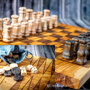 Chess Board Handmade Olive Wood and Backgammon Set, Custom Wooden Chess and Backgammon Game board and Pieces , Chessboard backgammon vintage