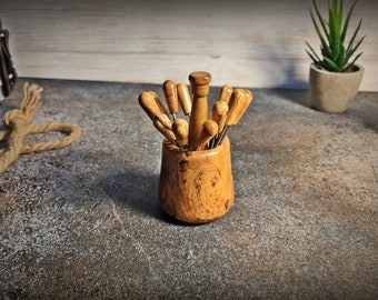 Olive Wood Skewer Holder with Mini Cocktail Skewers with 12 skewers, Wedding Appetizers