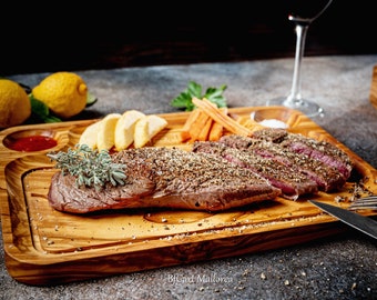 Planche à steak personnalisée pour viande et barbecues Bois d'olivier, assiette à steak avec canal de jus, assiette à steak service personnalisé et barbecue