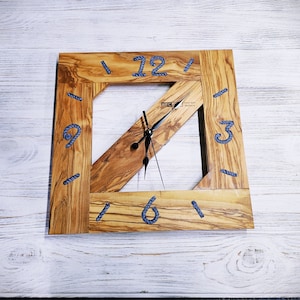 Rustic Olive Wood Wall Clock: Modern Square Design, Silent Movement