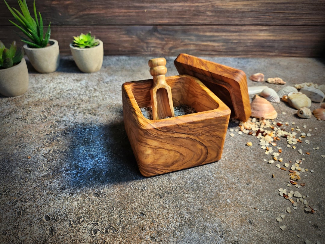 Olive Wood Salt Cellar With Lid and Spoon of Salt, Wooden Salt Holder
