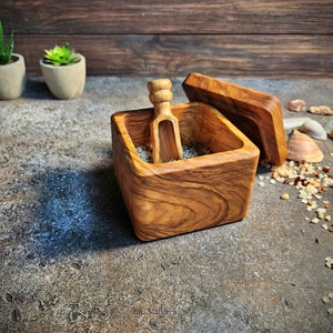 Olive Wood Salt Cellar With Lid and spoon of salt, Wooden Salt Holder with lid usable on table, Handmade Salt Container wooden Pinch Bow