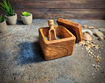Salero de madera de olivo hecho a mano con tapa y cuchara