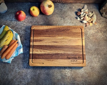 Robust and large oak wood board ideal for cutting meat fish vegetables customizable with Juice Groove, natural oak board cheeses and sausage