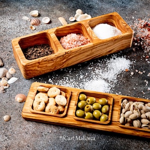 Large salt shaker with a useful lid and 3 compartments of olive wood for all kinds of salt, spices and all kinds of condiments, salt cellar