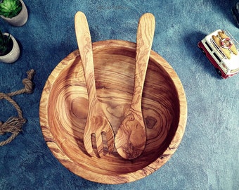 Handcrafted Large Olive Wood Fruit Bowl with Matching Wooden Spoon and Fork, Hand Turned Wooden Salad Bowl, Unique Serving Bowl Set Kitchen