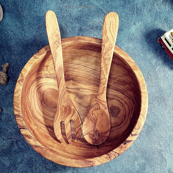 Handgefertigte Große Obstschale aus Olivenholz mit Passendem Holzlöffel und Gabel, Handgedrechselte Salatschüssel aus Holz, Einzigartige Servierschüssel-Set Küche