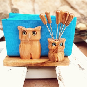 Porta tovaglioli a forma di gufo più 6 spiedini, set porta tovaglioli, set da tavola, set da tavola per spuntini, decorazione da tavola, porta tovaglioli fatto a mano, gufi fatti a mano