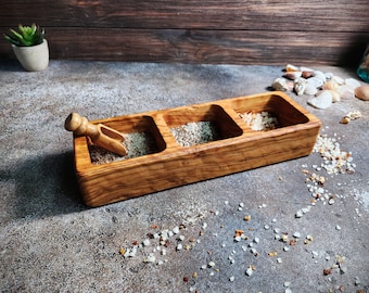 Rangement boîte à épices en bois d'olivier avec 3 départements personnalisable, pièce de rangement fait main cuisine