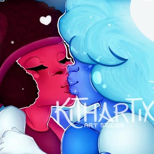 May include: Digital artwork of two cartoon characters embracing and kissing. One character is red with dark hair, the other is blue with long, flowing hair. The background is dark blue with white accents and the text "KITHARTIX ART STUDIOS".