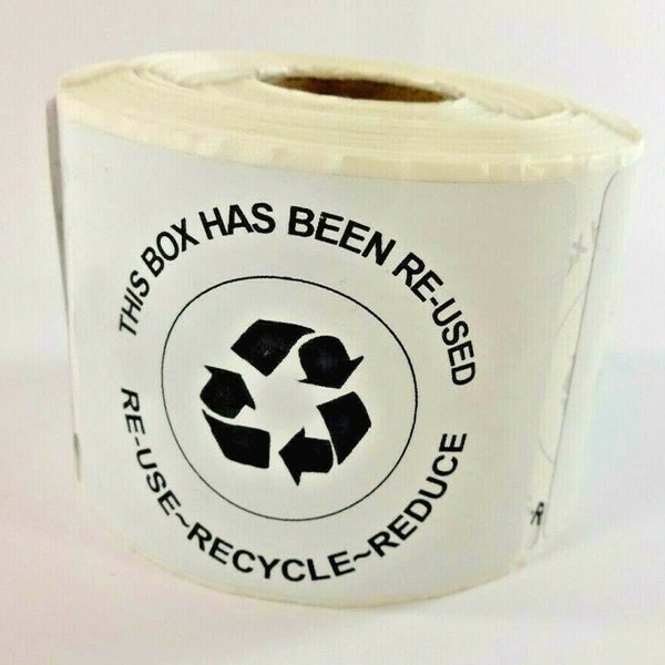 This Box Has Been Re-Used  Re-Use Recycled Reduce Shipping Label Stickers Lot of 50, 100, 200, or 400