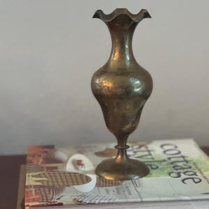 Vintage Etched Brass Vase – Mid Century Solid Brass Flower Vase, Boho Rustic Home Decor