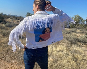 Reworked Fringed White Denim Jacket