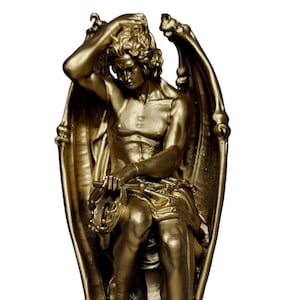 Estátua de Lúcifer, Escultura Diabo Demônio, 23 cm, Cor Bronze Dourado