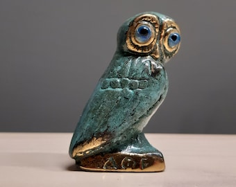 Athenas Symbol Owl Bird Bronze Sculpture Greek Roman Mythology Handmade Hand Painted Statue 4cm