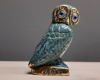 Athenas Symbol Owl Bird Bronze Sculpture Greek Roman Mythology Handmade Hand Painted Statue 5cm