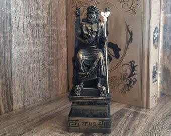 Zeus Statue Greek Roman Mythology God made of Alabaster Black Sculpture with Gold Details