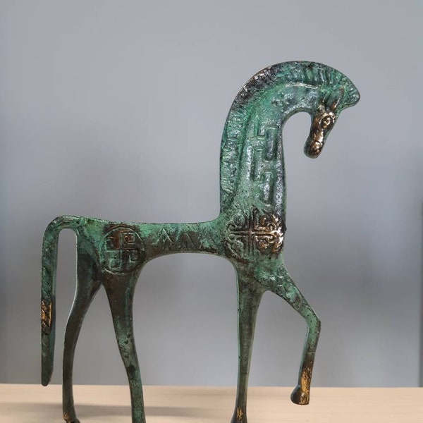 Scultura in bronzo della Grecia antica Cavallo Finitura museale fatta a mano Statua 19,30 cm