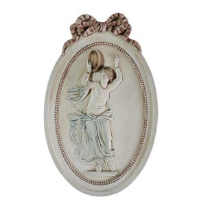 Greek Maenad Wall Plaque Oval Relief With Drum and Ribbon Frame