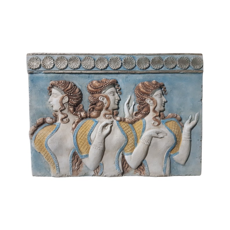 Ladies in Blue Knossos Fresco Replica Relief Wall Plaque Sculpture 46cm image 1